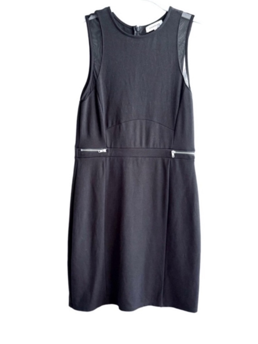 Monteau Black Sleeveless Dress Tailored Zipper Seam and Mesh Details Size L